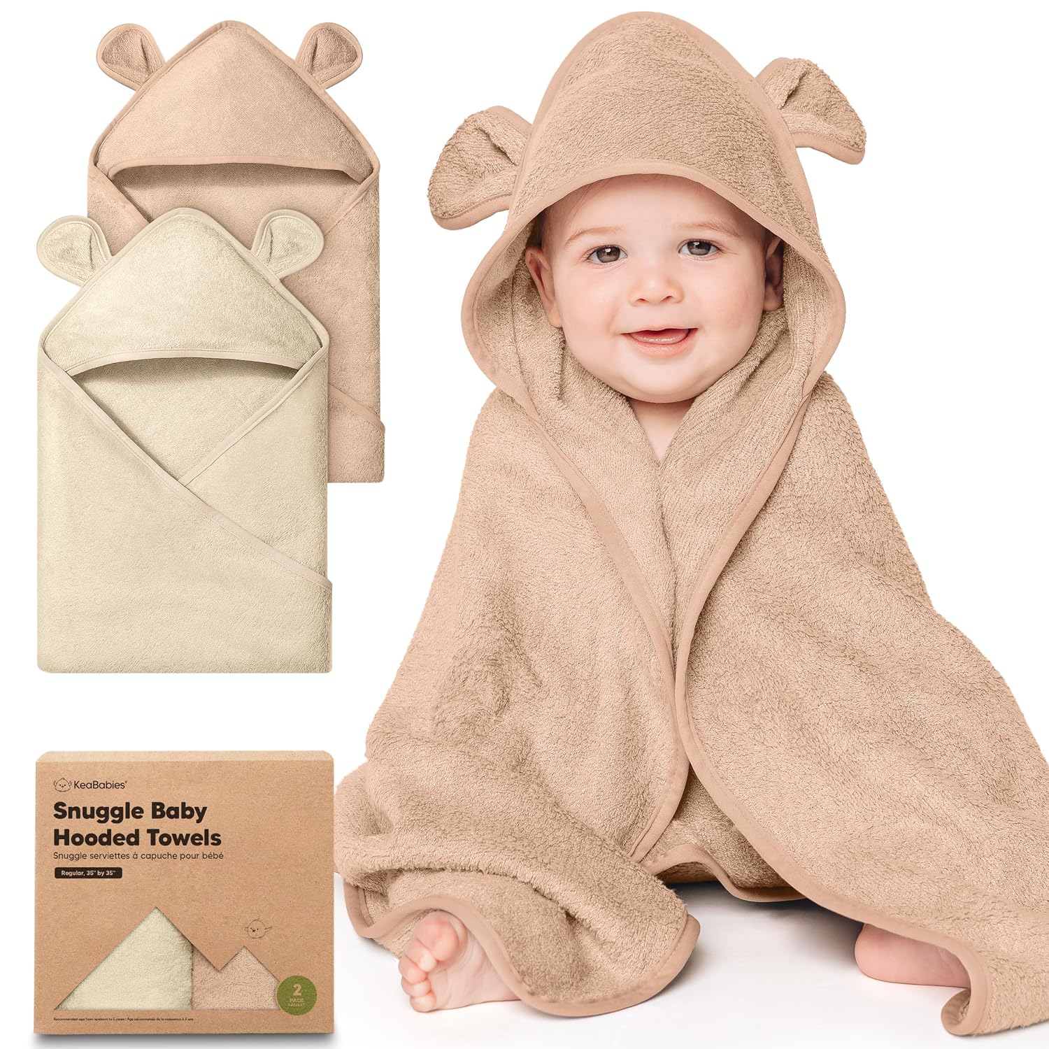 KeaBabies 2-Pack Hooded Baby Towels for Newborn, Kids (Almond, 35×35) | Soft & Absorbent, Viscose from Bamboo Baby Bath Towels with Hood, Infant, Toddler, Kids, Boys Girls, Baby Bath Essentials