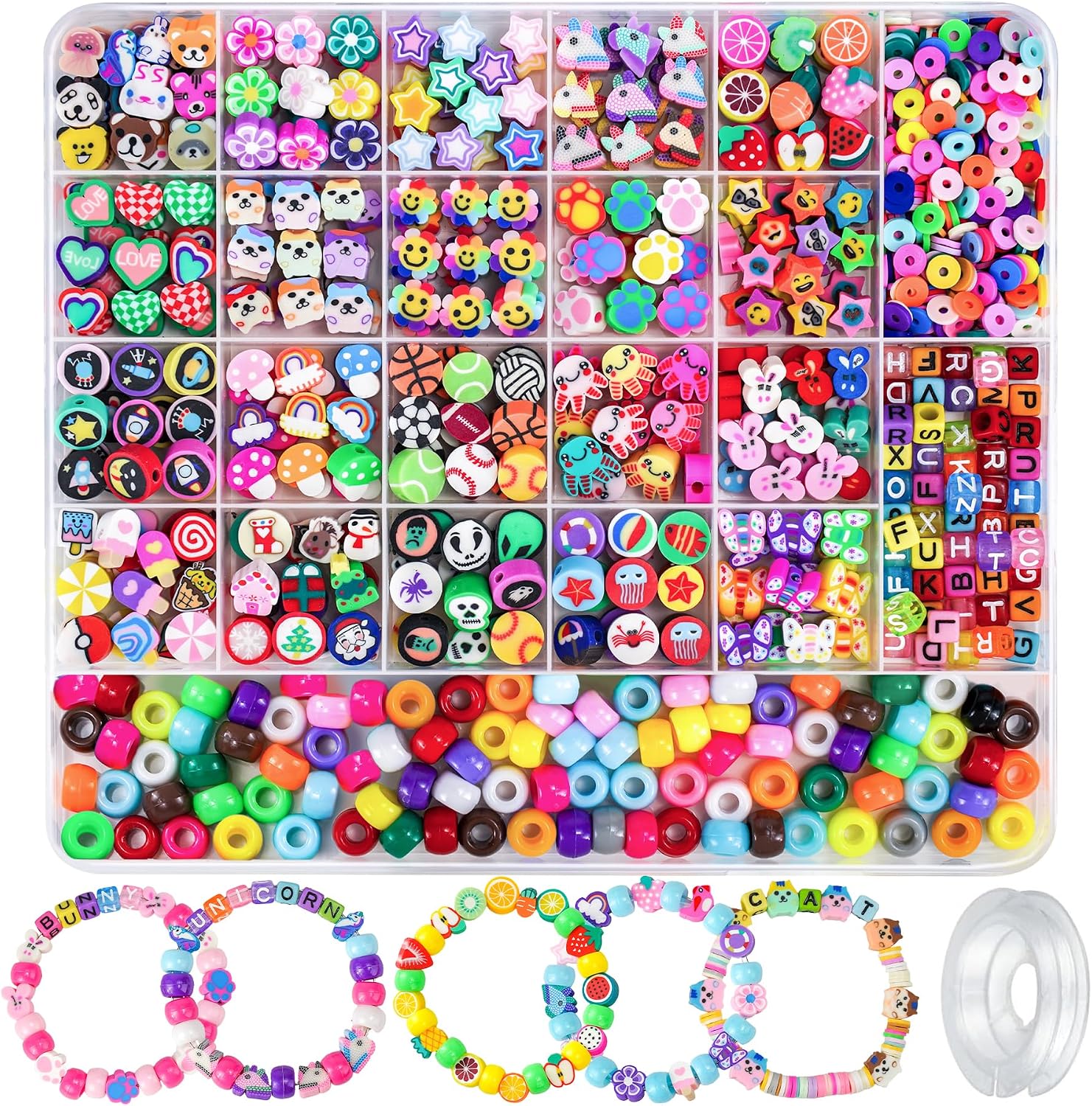 Gionlion 1200 Pcs Polymer Clay Beads Bracelet Making Kit, 25 Style Animal Fruit Flower Butterfly Bunny Pony Letter Beads Charms for Jewelry Making, DIY Art and Crafts Toys Gifts