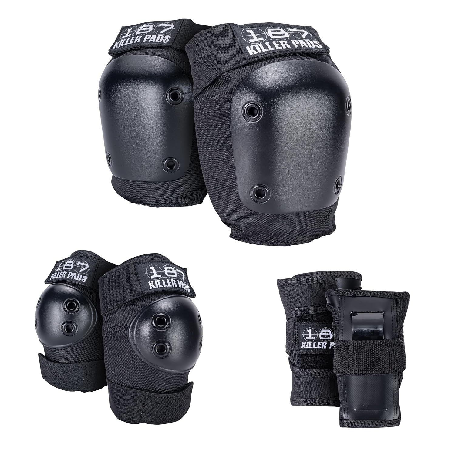 187 Killer Pads Six Pack Pad Set, Protective Gear for Elbows, Knees, and Wrists – Ideal for Skateboarding, Roller Skating, and Inline Skating (Black, Small-Medium)