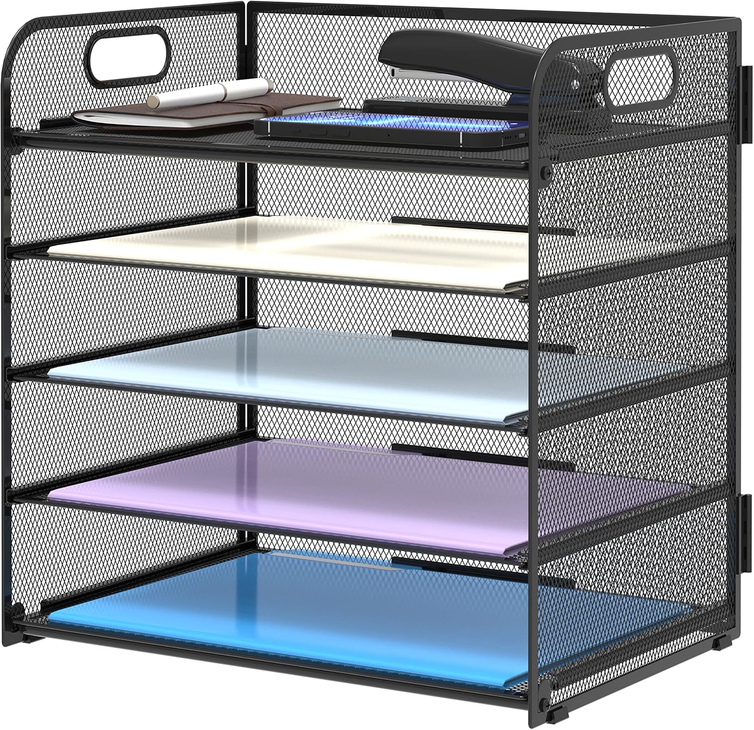 5 Trays Paper Organizer Letter Tray with Handle-Mesh Desk File Holders, Paper Sorter Desk Organizer for Office, Home, Classroom or School